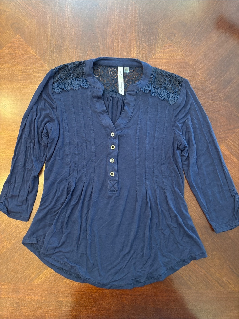 NY Collection Navy Lace-Shoulder Henley Top